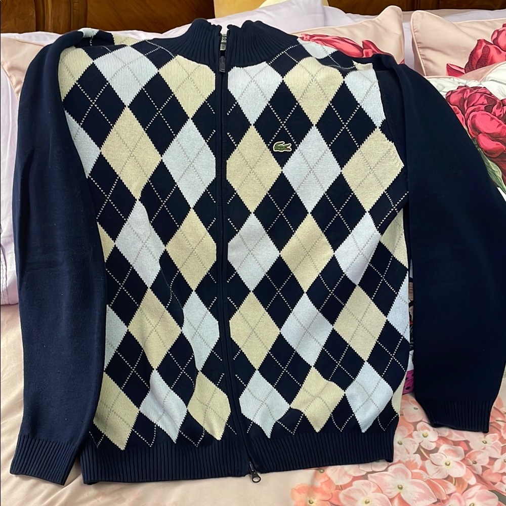Lacoste Blue and Cream Zip Up Sweater with Argyle Pattern
